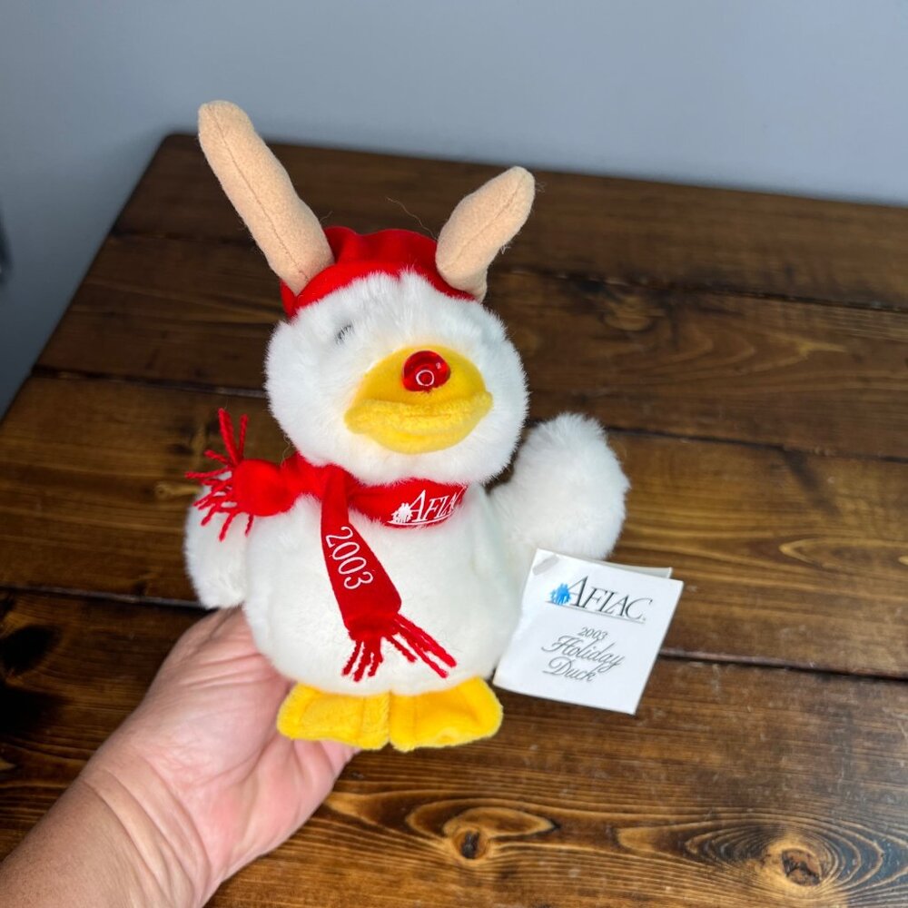 Aflac 2003 Holiday Duck Plush With Antlers & Red Scarf Stuffed Animal